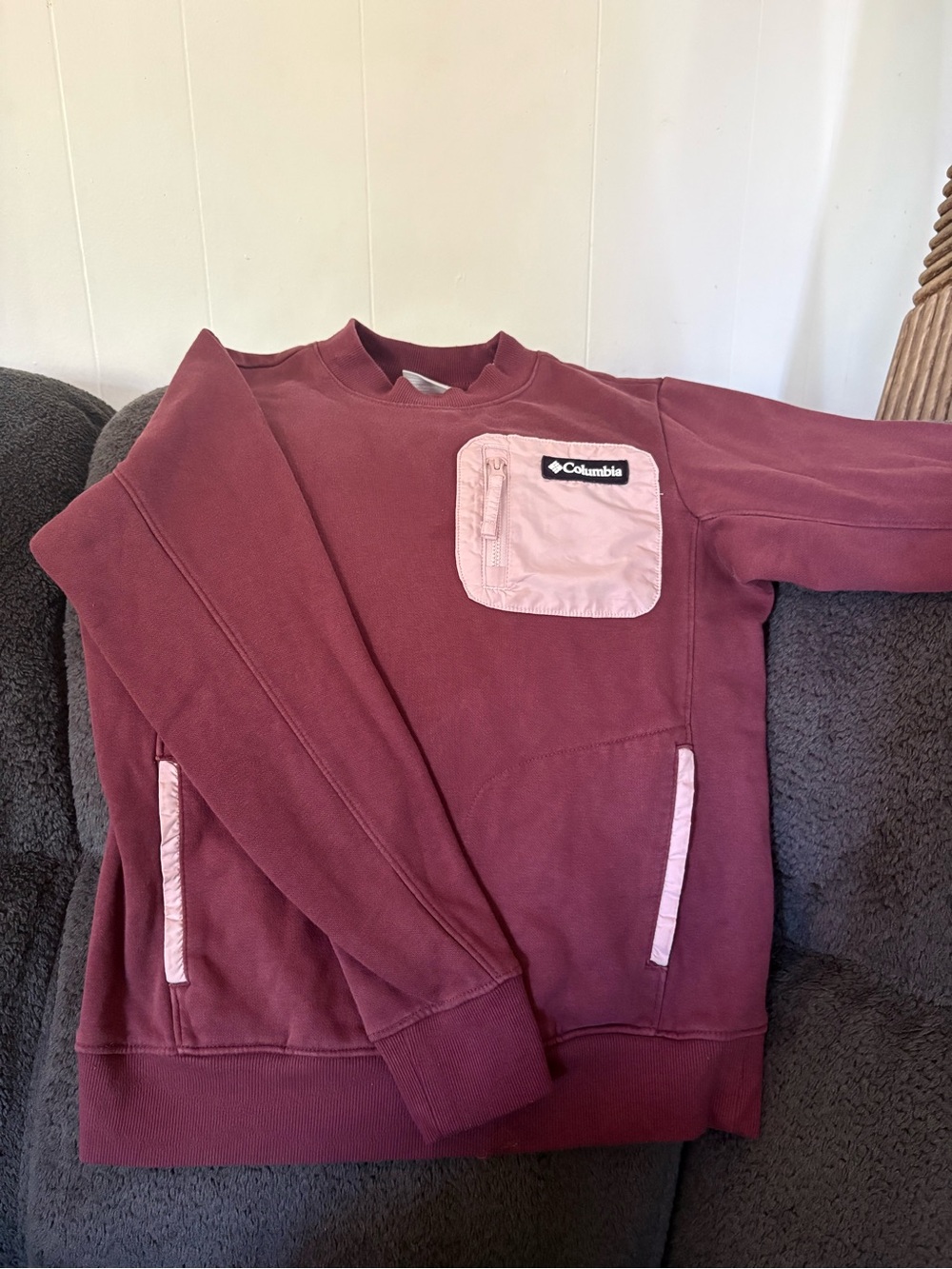 Columbia Women's Maroon Crewneck Sweatshirt with Light Pink Pocket